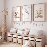 Personalized Bear & Elephant Nursery Print Set | Floral Baby Name Wall Art
