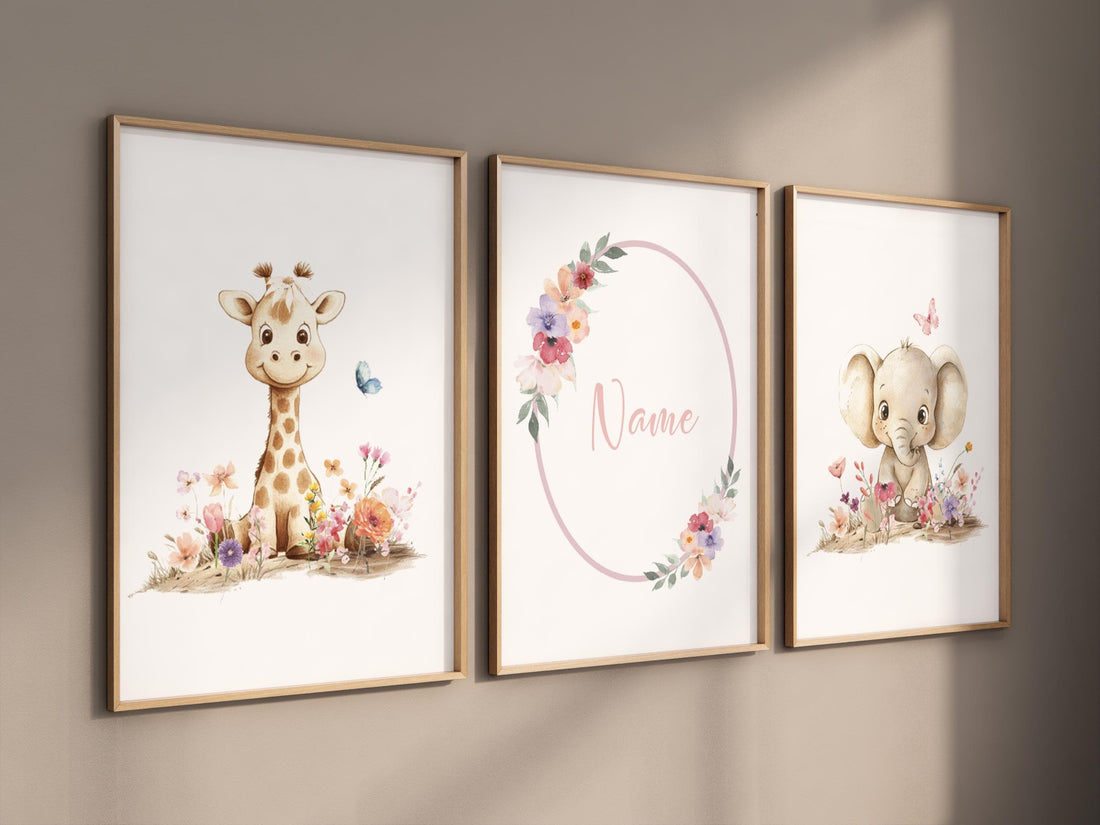 Floral Safari Nursery Art | Giraffe, Elephant, Personalized Print