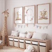 Floral Safari Nursery Art | Giraffe, Elephant, Personalized Print