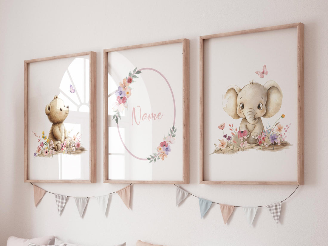 Personalized Baby Name Nursery Art | Bear & Elephant Floral Prints