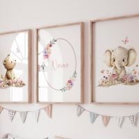 Personalized Baby Name Nursery Art | Bear & Elephant Floral Prints