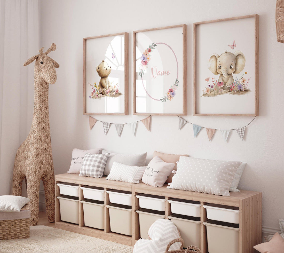 Personalized Baby Name Nursery Art | Bear & Elephant Floral Prints