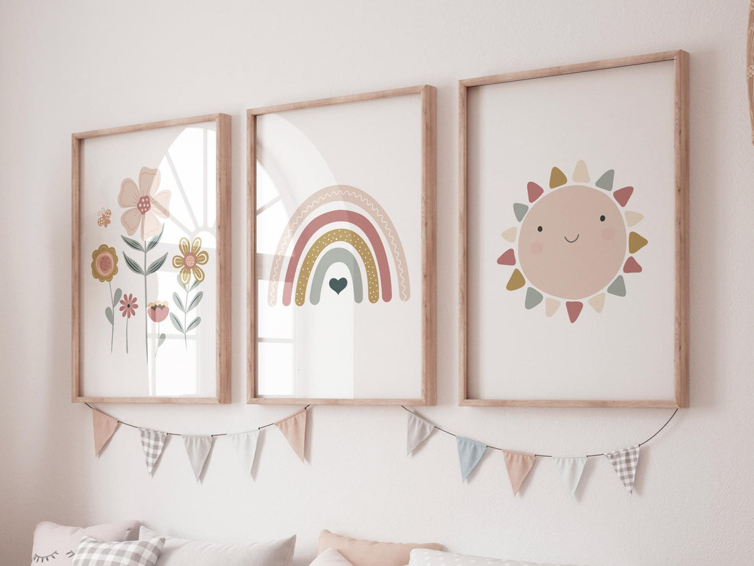Rainbow Nursery Print: Earth Tone Flower & Sun Art