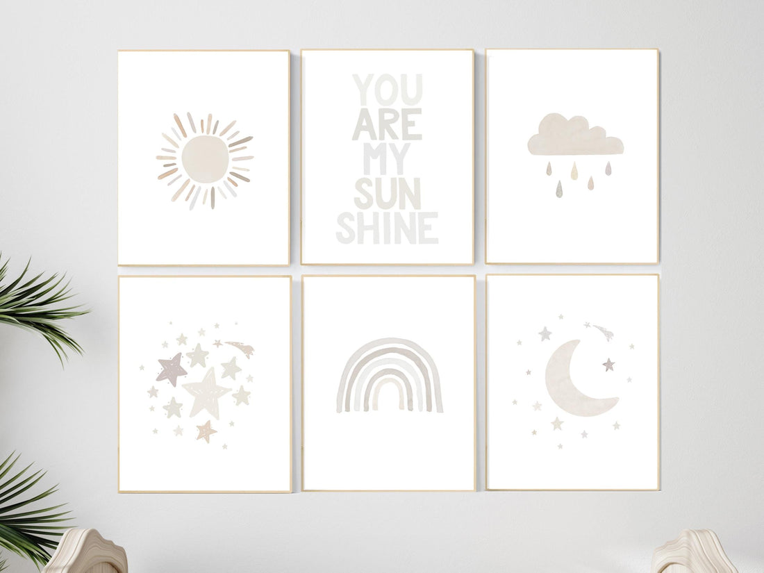 Neutral Nursery Prints Set – Beige Rainbow, Moon, Stars Wall Art