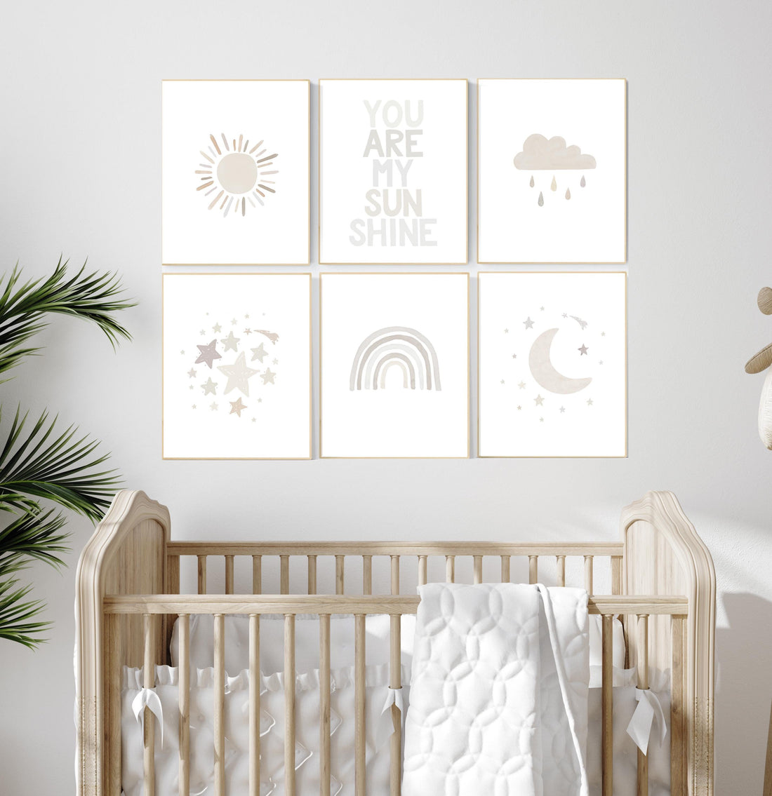 Neutral Nursery Prints Set – Beige Rainbow, Moon, Stars Wall Art