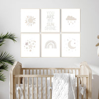 Neutral Nursery Prints Set – Beige Rainbow, Moon, Stars Wall Art