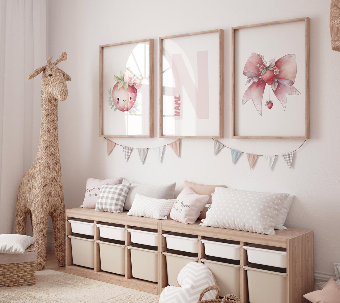 Strawberry Nursery Wall Art Set, Personalized Name Print , Girl Room Decor