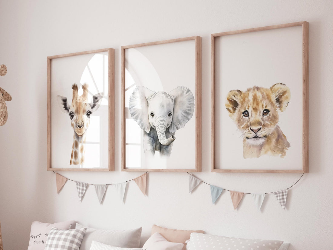 Safari Nursery Wall Art Prints, Giraffe Elephant Lion Nursery Decor