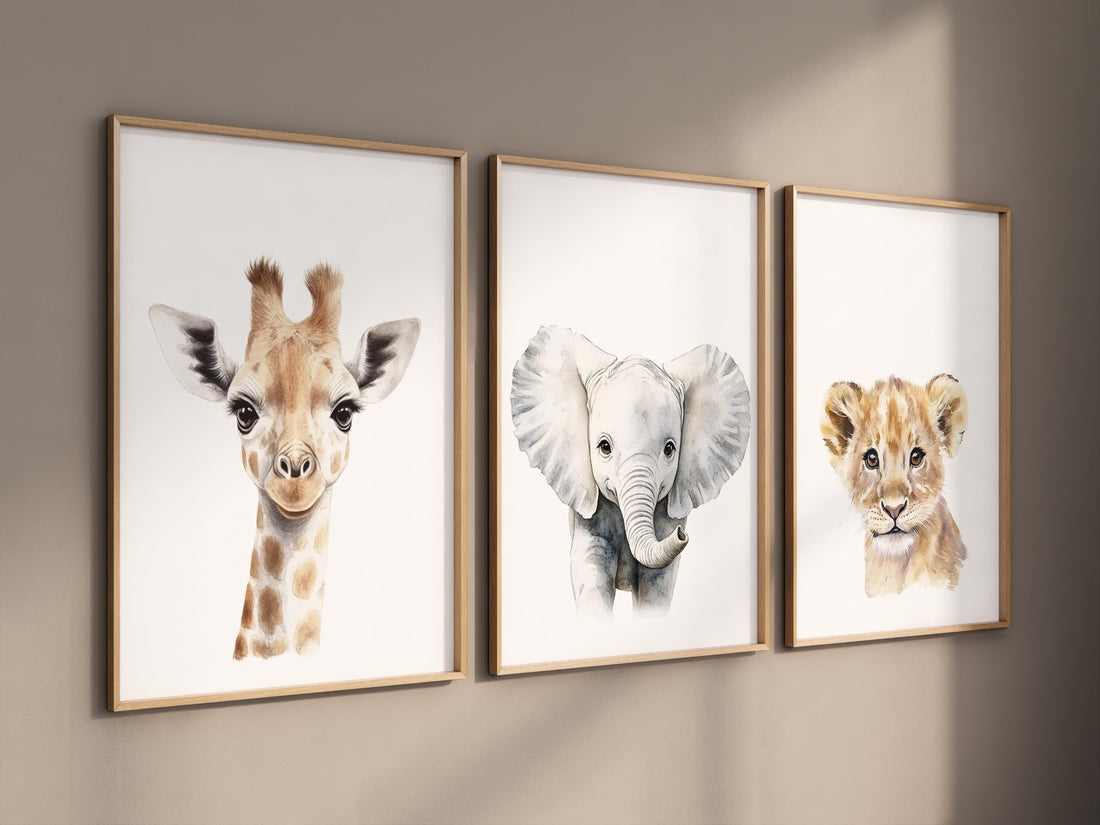 Safari Nursery Wall Art Prints, Giraffe Elephant Lion Nursery Decor
