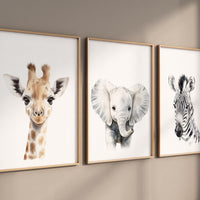 Safari Nursery Wall Art Set, Giraffe Elephant Zebra Prints