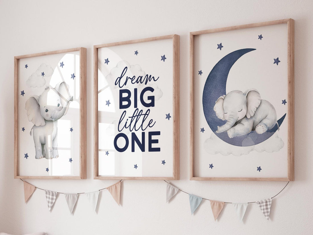 Elephant Nursery Decor: Navy Blue Moon & Stars Print