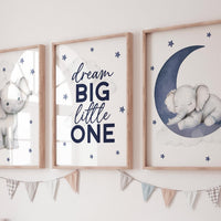 Elephant Nursery Decor: Navy Blue Moon & Stars Print