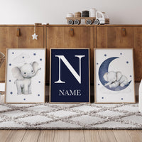 Elephant Nursery Decor: Navy Moon & Stars Boy Wall Art