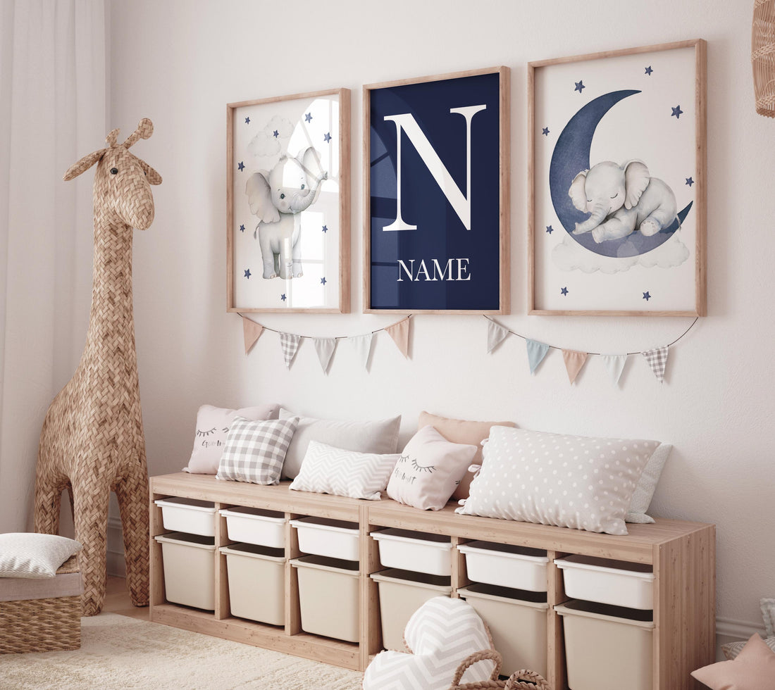 Elephant Nursery Decor: Navy Moon & Stars Boy Wall Art