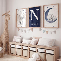 Elephant Nursery Decor: Navy Moon & Stars Boy Wall Art