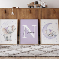 Lavender Elephant Nursery Wall Art – Personalized 3-Piece Set