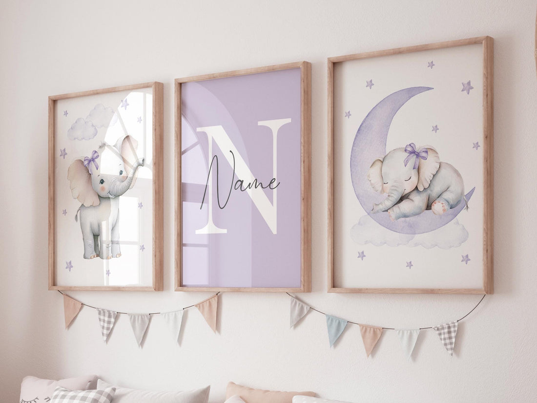 Lavender Elephant Nursery Wall Art – Personalized 3-Piece Set