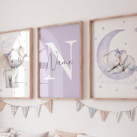 Lavender Elephant Nursery Wall Art – Personalized 3-Piece Set
