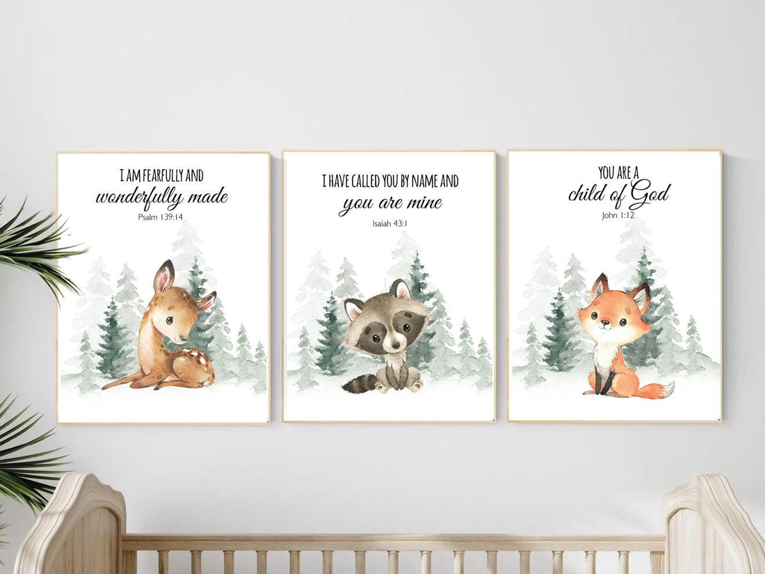 Woodland Nursery Print Set: Animal Prints, Bible Verse Nursery