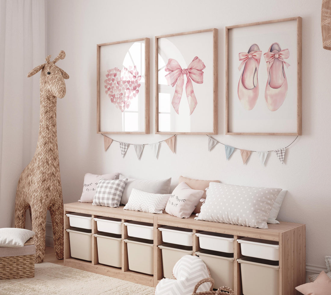 Blush Pink Ballet Nursery Wall Art Set, Heart, Bow & Ballet Shoes