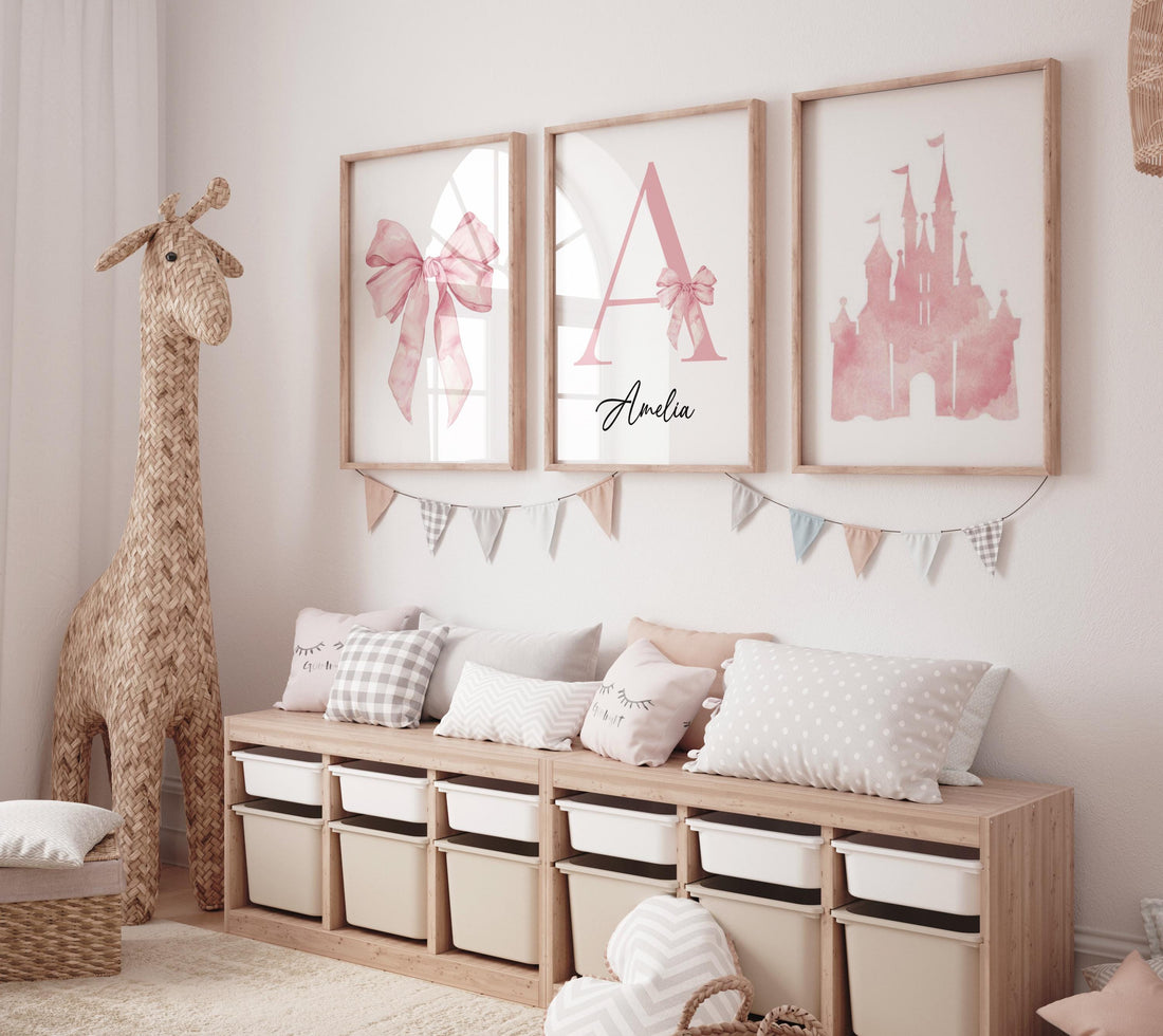 Personalized Princess Nursery Wall Art Set for Girls Room Decor