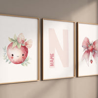 Strawberry Nursery Wall Art Set, Personalized Name Print , Girl Room Decor