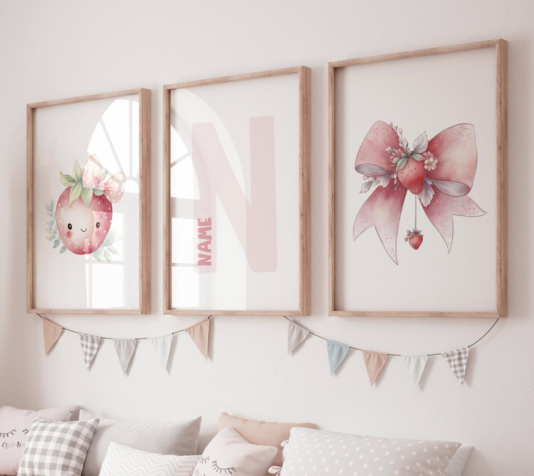 Strawberry Nursery Wall Art Set, Personalized Name Print , Girl Room Decor
