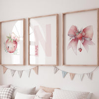 Strawberry Nursery Wall Art Set, Personalized Name Print , Girl Room Decor
