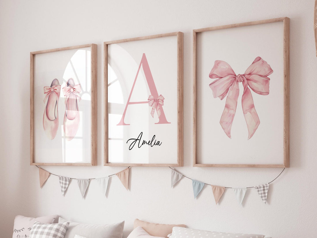 Blush Pink Ballet Nursery Wall Art Set, name print, Bow & Ballet Shoes