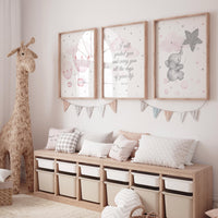 Pink Elephant Nursery Wall Art Set, Hot Air Balloon Prints