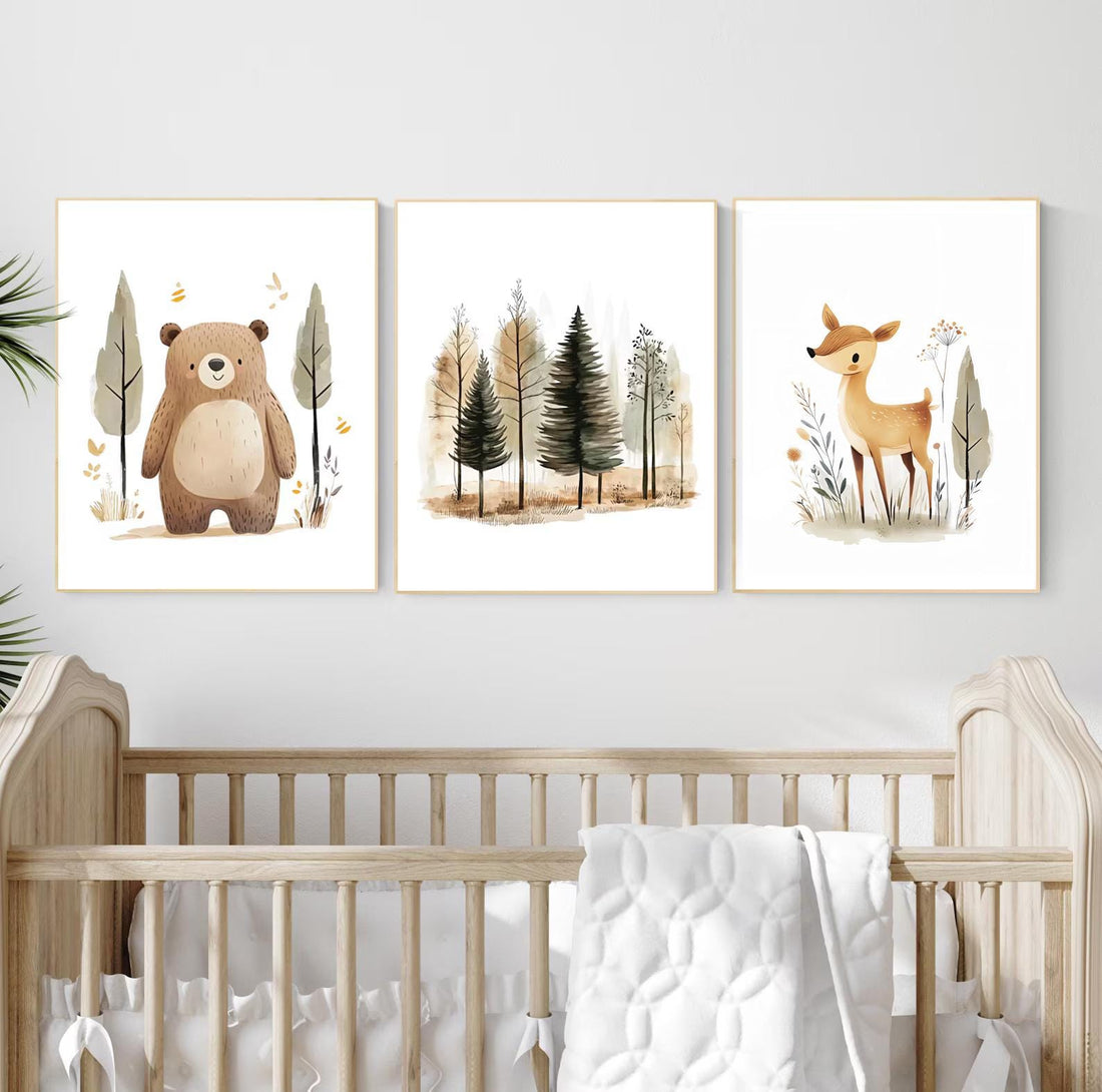 Watercolor Woodland Nursery Prints: Bear, Deer, Forest Art Set