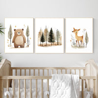 Watercolor Woodland Nursery Prints: Bear, Deer, Forest Art Set