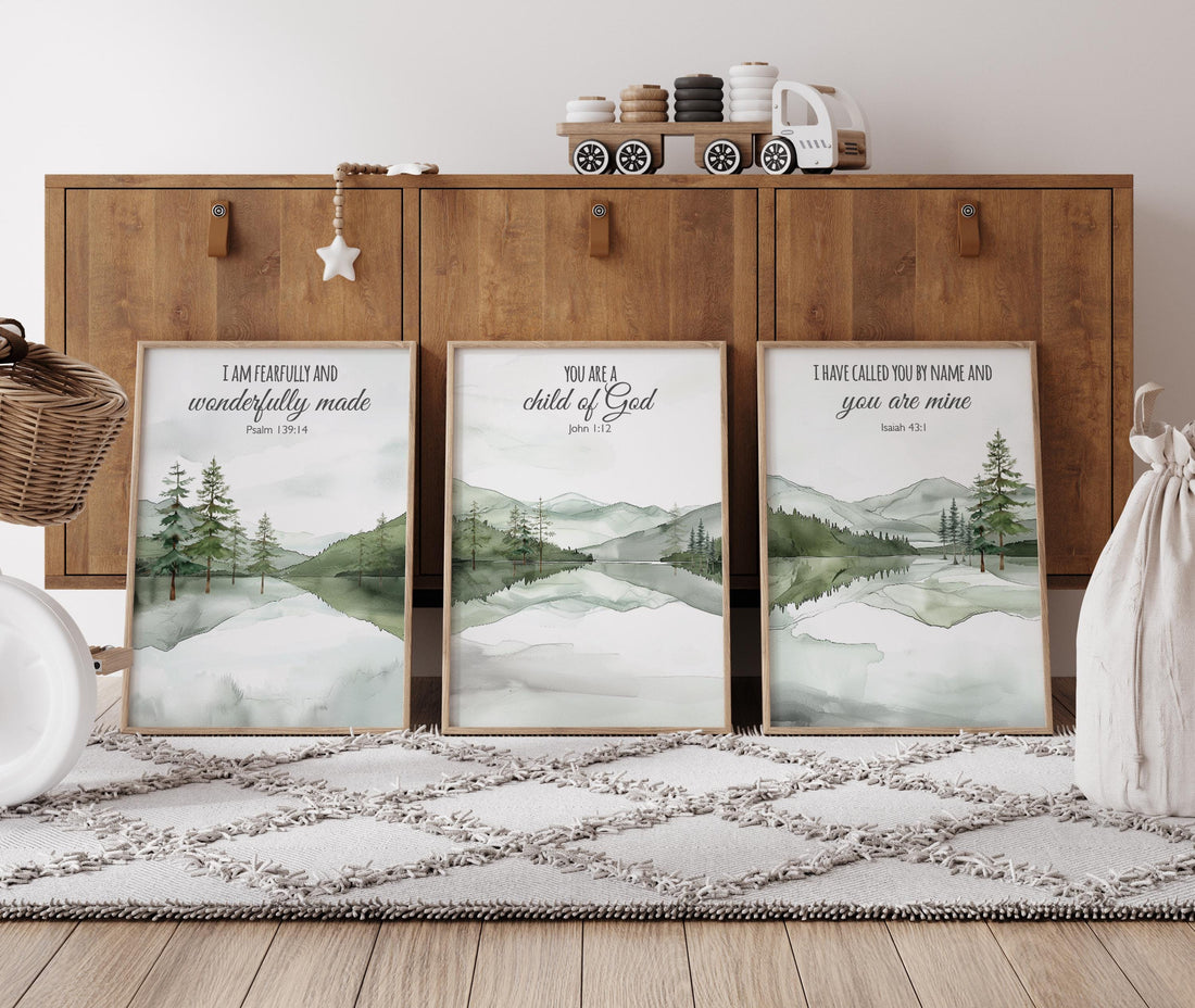Mountain Nursery Art Print: Sage Green Forest, Bible Verse Decor
