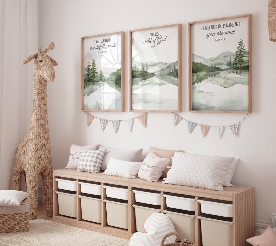 Mountain Nursery Art Print: Sage Green Forest, Bible Verse Decor
