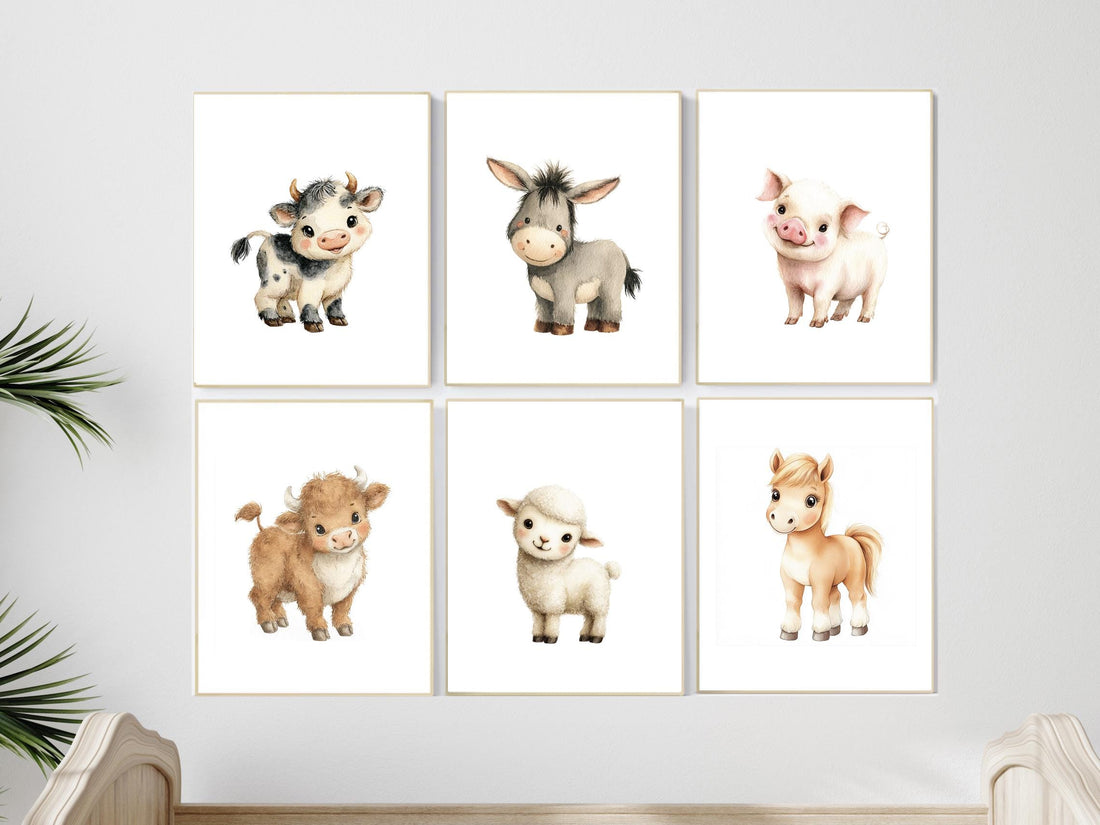 Farm Animal Nursery Prints Set of 6, Baby Farm Animals Wall Art