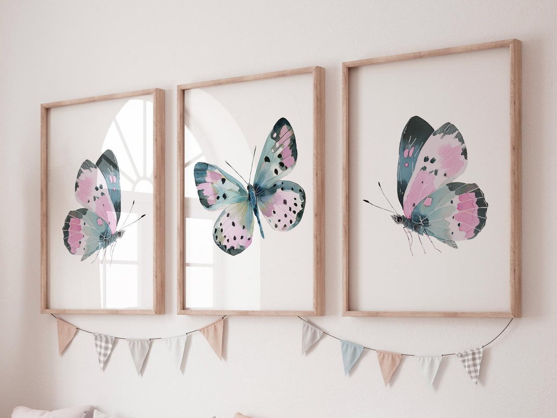Butterfly Nursery Wall Art Set of 3 – Pink Teal Butterfly Prints