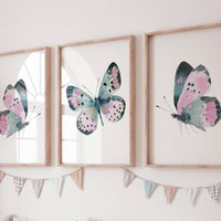Butterfly Nursery Wall Art Set of 3 – Pink Teal Butterfly Prints