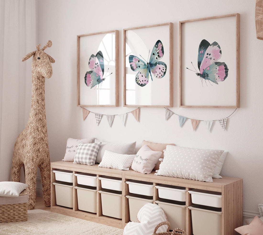 Butterfly Nursery Wall Art Set of 3 – Pink Teal Butterfly Prints