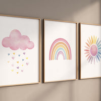 Pink Cloud Rainbow Sun Nursery Wall Art Set, Pastel Baby Girl Room