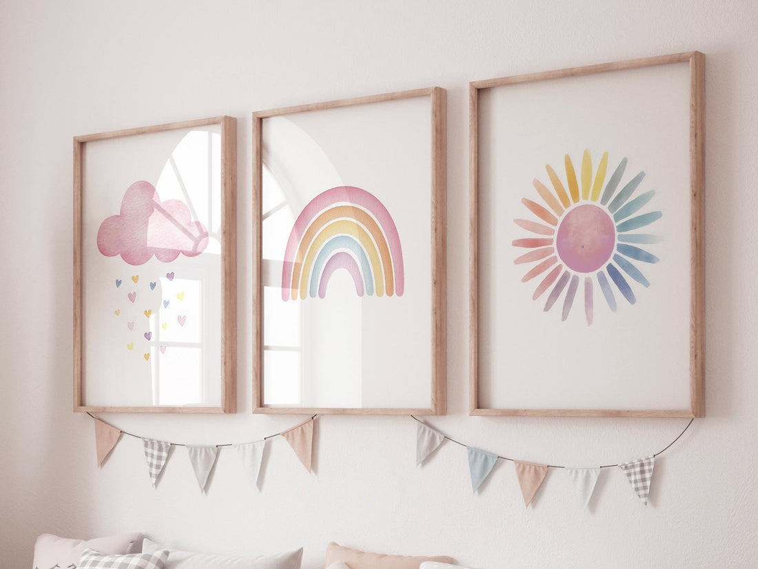 Pink Cloud Rainbow Sun Nursery Wall Art Set, Pastel Baby Girl Room