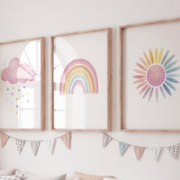 Pink Cloud Rainbow Sun Nursery Wall Art Set, Pastel Baby Girl Room