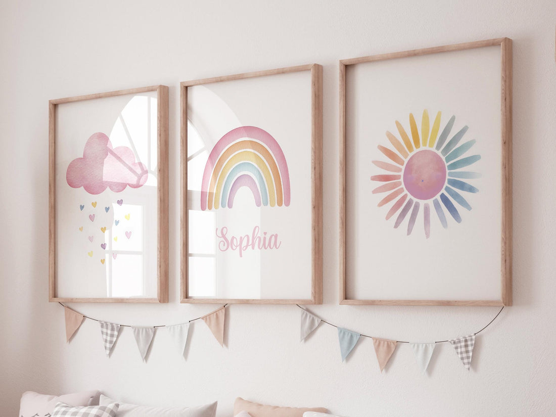Personalized Rainbow Nursery Wall Art Set, Custom Name Print