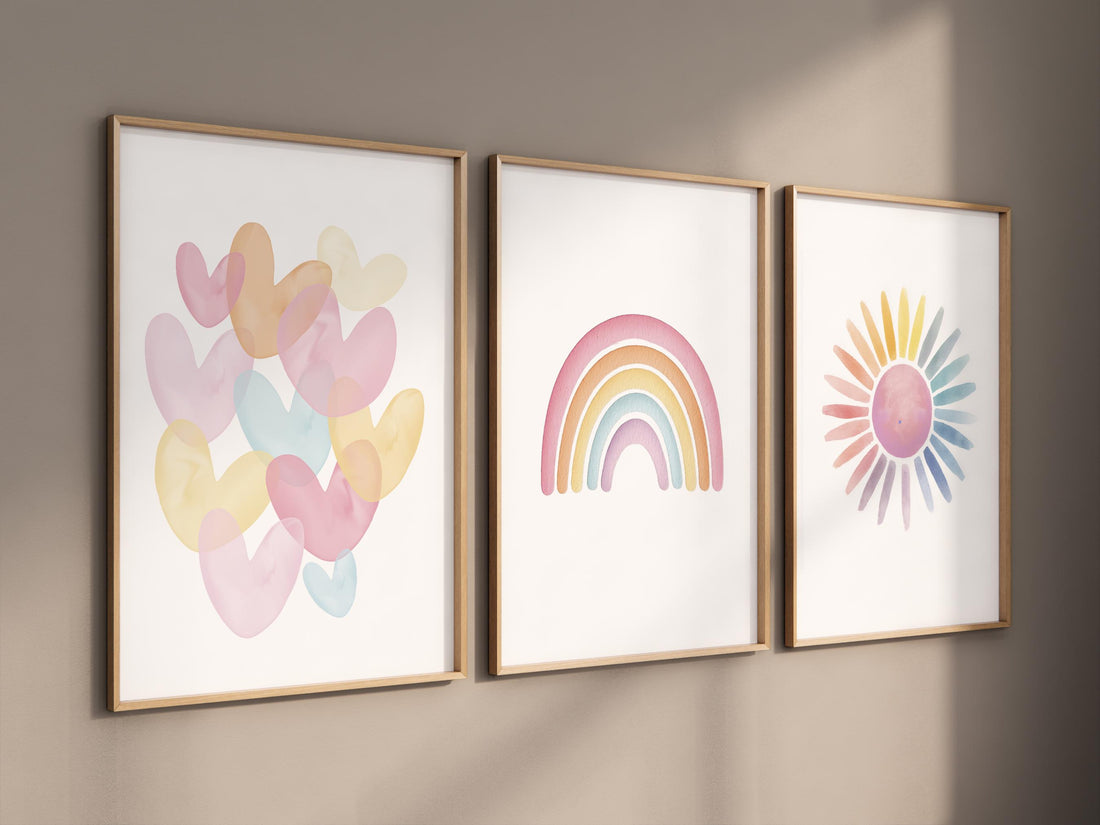 Pastel Rainbow Nursery Wall Art Set, Hearts Sun Prints