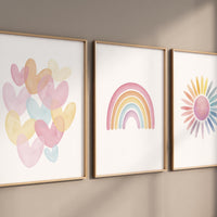 Pastel Rainbow Nursery Wall Art Set, Hearts Sun Prints
