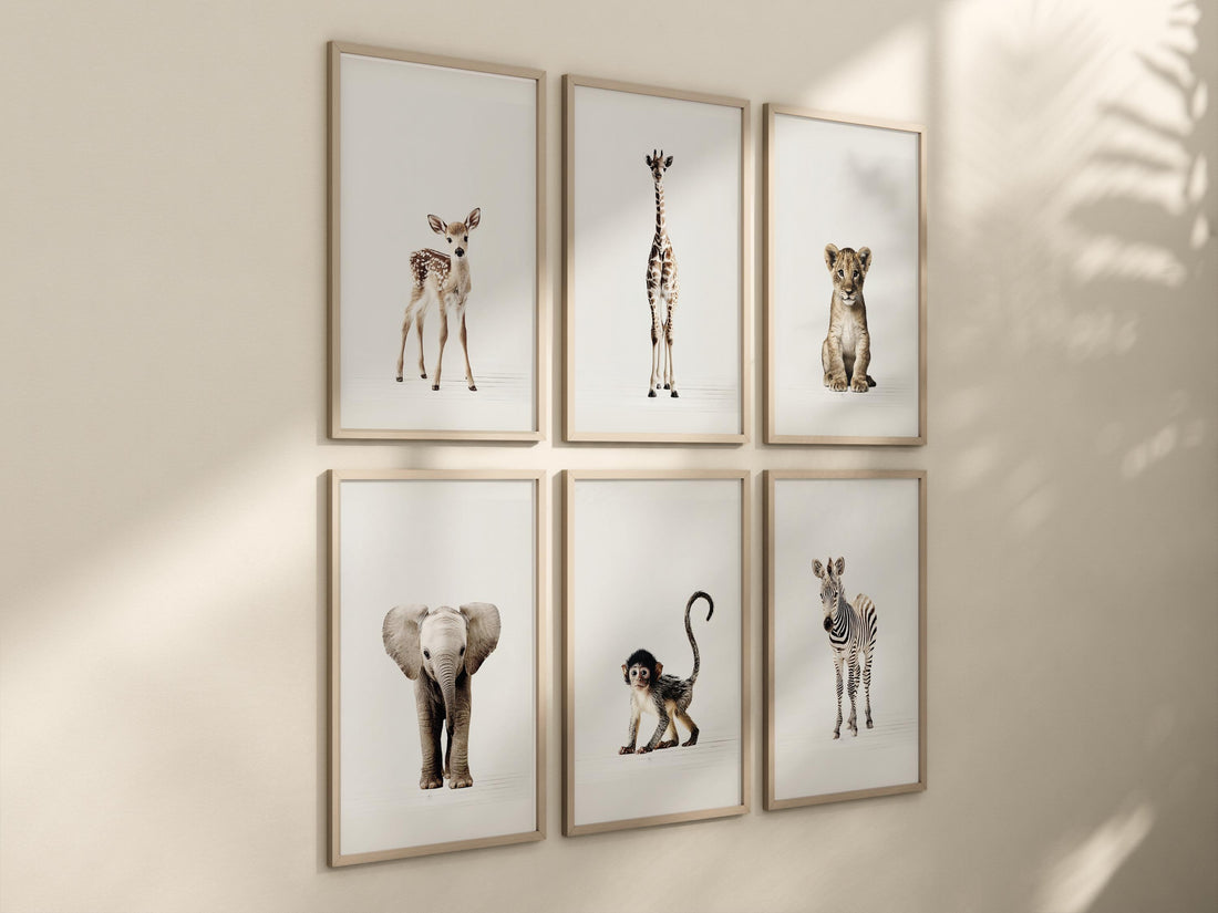 Safari Nursery Wall Art Set of 6 Prints, Neutral Baby Animal Prints
