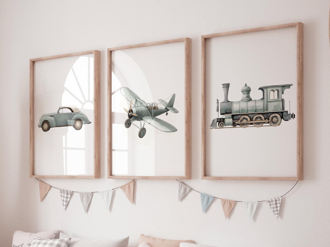 Vintage Vehicle Nursery Art Set of 3, Sage Green Car Airplane Train Prints