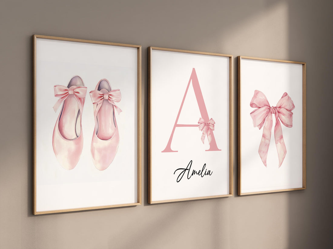 Blush Pink Ballet Nursery Wall Art Set, name print, Bow & Ballet Shoes