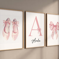 Blush Pink Ballet Nursery Wall Art Set, name print, Bow & Ballet Shoes