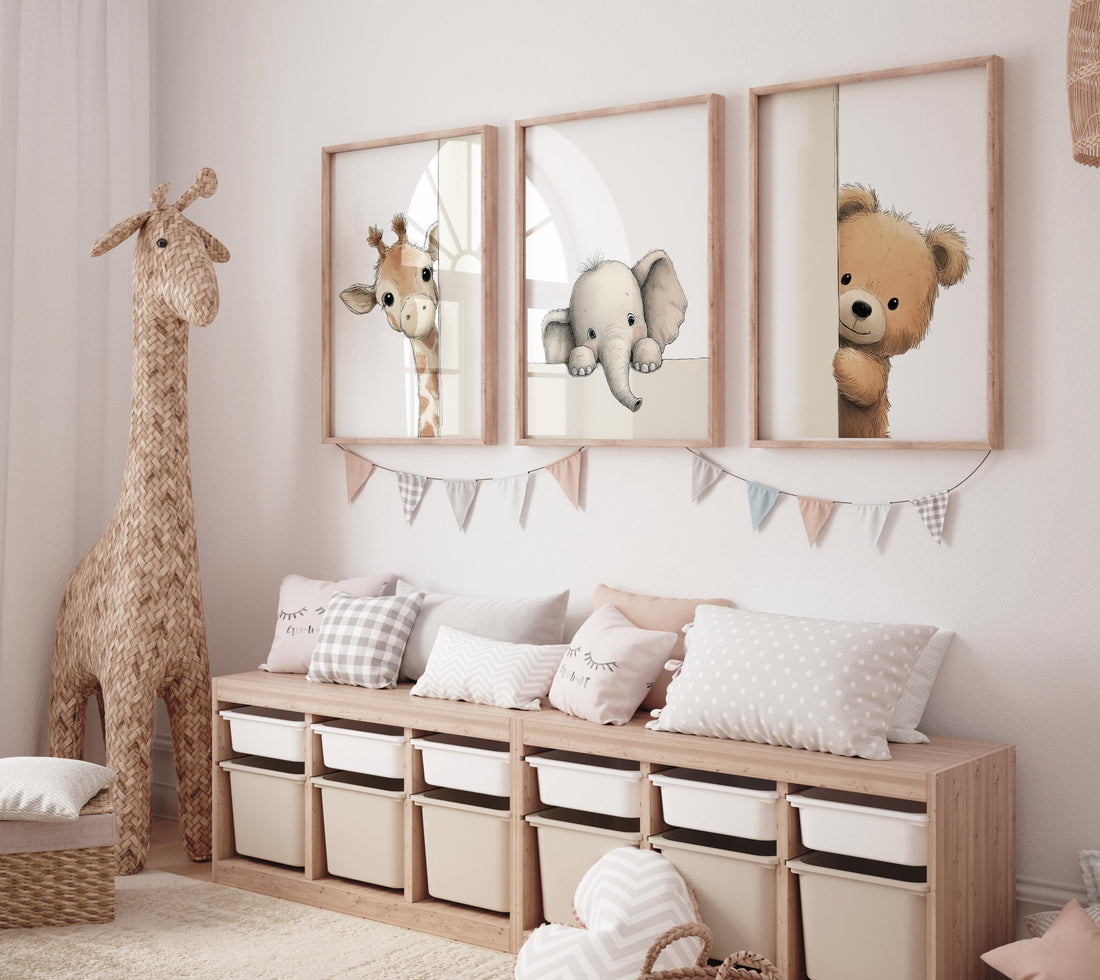 Peek a Boo Safari Animals Nursery Wall Art Set of 3, Giraffe Elephant Bear