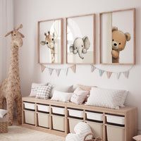 Peek a Boo Safari Animals Nursery Wall Art Set of 3, Giraffe Elephant Bear